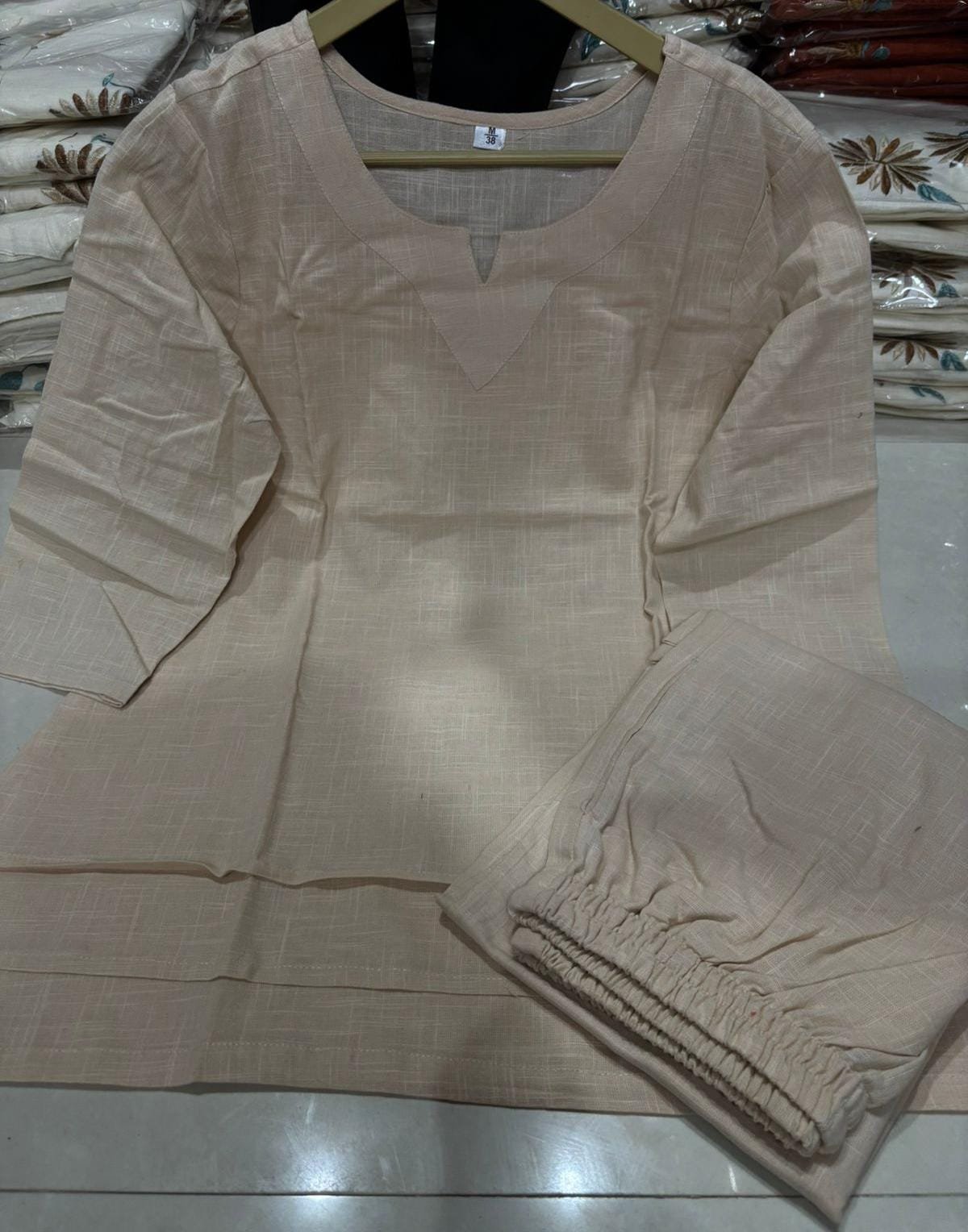 Cream Cotton Slub Coord Set with Palazzo and Pockets